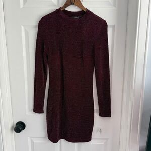 Speechless Womens Burgundy Metallic Shimmer Mock Neck Bodycon Mini Dress Size M